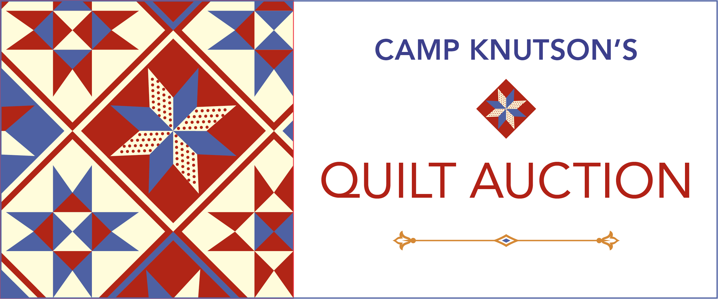Graphic of blue and red quilt patterns with the text "Camp Knutson's Quilt Auction"