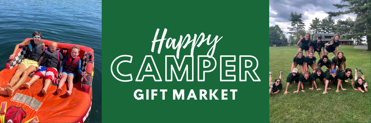 Two children and an adult on a couch tube on a lake; a group of people making a human pyramid; and the text "Happy Camper Gift Market"