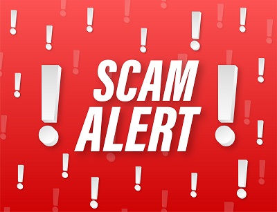 "Scam Alert" written in white text against red background with white exclamations