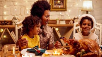 African American mom and two children enjoying holiday meal