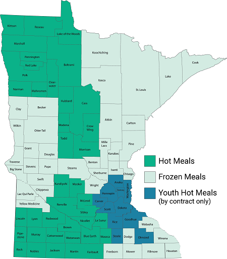 Map of Minnesota showing LSS Meals hot, frozen and youth meals locations