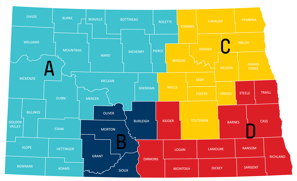 North Dakota county map of service locations