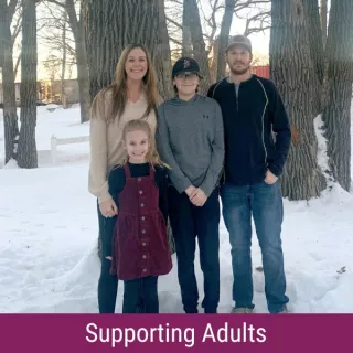Picture of the Hermanson family with banner reading "Supporting Adults"