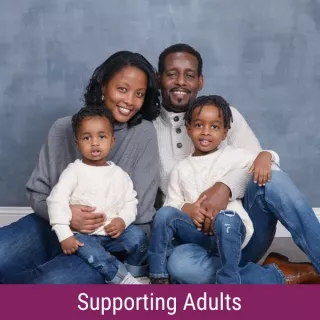 Picture of Meribo & Shanka family with banner reading "Supporting Adults"